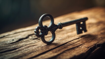 Vintage key resting on wood with sunlight backlighting