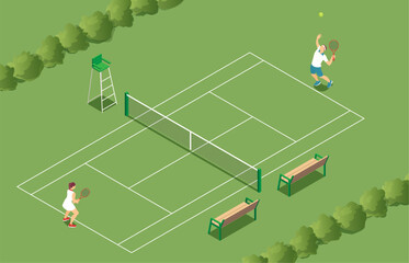 Isometric illustration of two diverse tennis players competing on a green outdoor court with net benches trees and umpire chair in summer sports setting