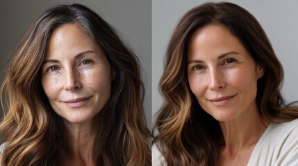 Before and after showcasing the remarkable difference in skin texture and glow on a woman’s face after a dedicated skincare regimen. The results reflect youthful vibrancy