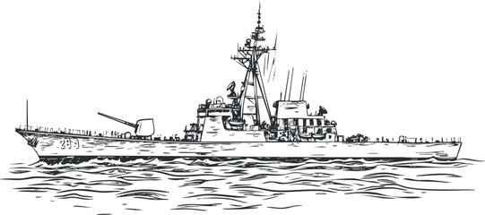 Black and white sketch of a naval destroyer warship sailing on water with detailed structure and weapons