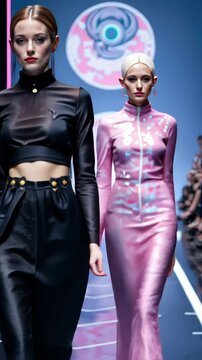 Fashion models showcasing vibrant outfits on a runway stage  