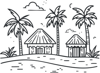 Black and white sketch of tropical huts with palm trees on a beach by the sea and sky