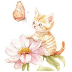 Cute orange kitten playing with butterfly near pink flower