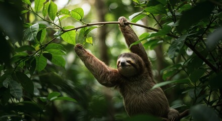 Sloth Hanging on Branch in Lush Green Rainforest Canopy