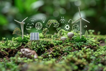 Eco-friendly icons with wind turbines, solar panels, and recycling symbol on green moss, symbolizing renewable energy and sustainability.