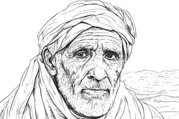 Black and white detailed sketch of an elderly man wearing a turban with a serious expression