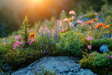 Obraz premium Wildflowers and ferns thrive on rocky terrain at sunset in a lush landscape, showcasing nature's resilience and beauty in a serene environment