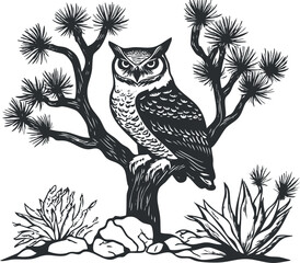 Black and white illustration of an owl perched on a tree with desert plants and rocks around it symbolizing wildlife and nature