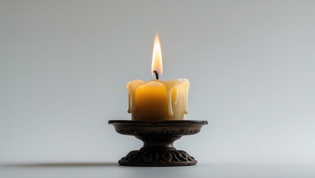 A burning old candle placed in a vintage candlestick. Isolated against a white background.