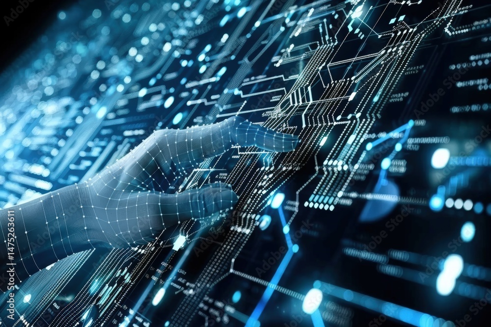 Poster a digital hand interacts with a glowing, futuristic circuit board, symbolizing advanced technology a