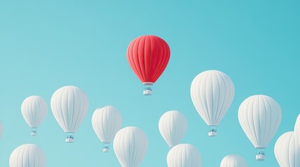 Fototapeta premium Red hot air balloon stands out from white ones in a clear blue sky.