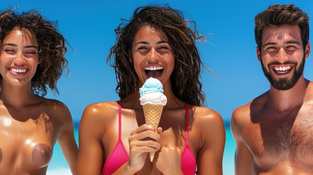 Three smiling people enjoying a sunny day at the beach together