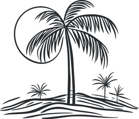 Black and white line art illustration of a tropical palm tree on an island with a sun in the background.