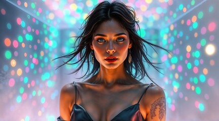 woman with tattoo in black top and bokeh light background for use in fashion design, digital portraits, or lifestyle editorials
