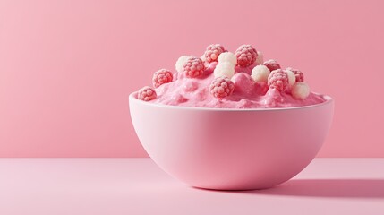 Pink yogurt with raspberries and white chocolate in a bowl. (1)