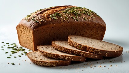 Fresh Homemade Multigrain Loaf with Seeds and Crust on White Isolated Background