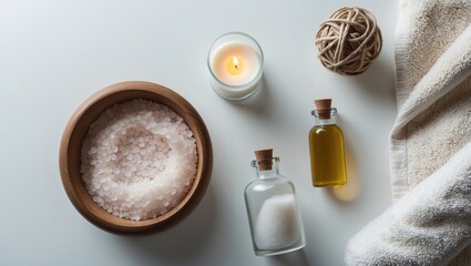 Plakat Body care spa collection on background in a top view mockup for relaxation