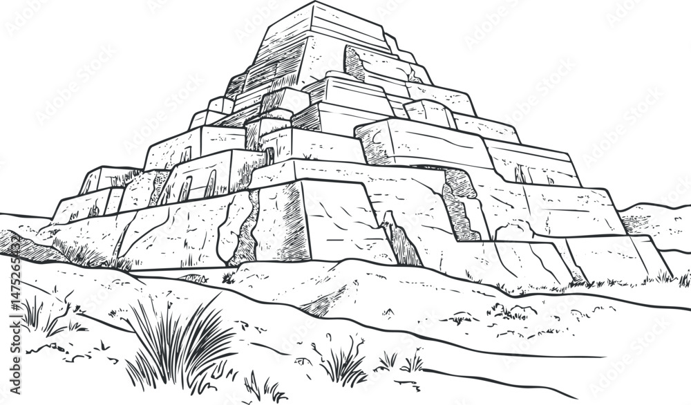 Poster black and white line drawing of an ancient stone pyramid structure in a desert landscape with sparse
