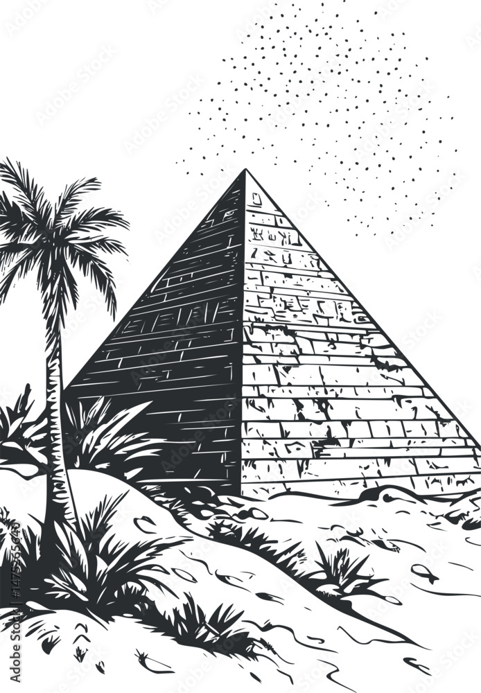 Poster black and white illustration of an ancient pyramid in a desert setting with palm tree and scattered 