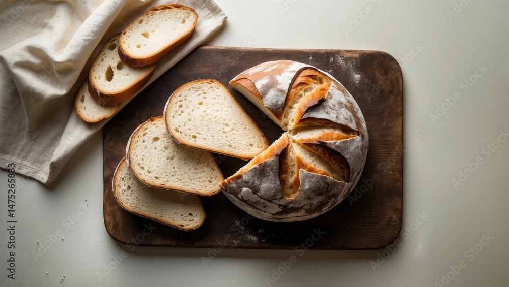 Poster close-up of fresh sliced bread on a wooden board in a bakery environment