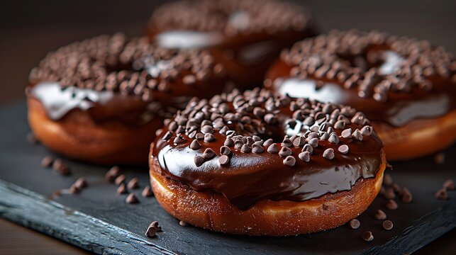 Delicious Chocolate Donuts Sprinkled with Chocolate Shavings on Dark Background