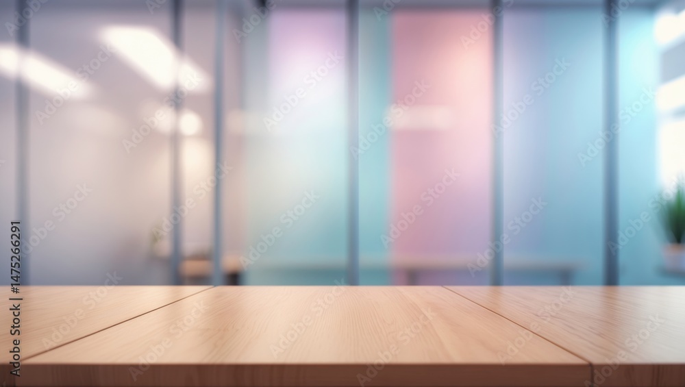 Poster Abstract background with an empty wooden table and a blurred glass window wall banner mockup - perfect for product display or montage.