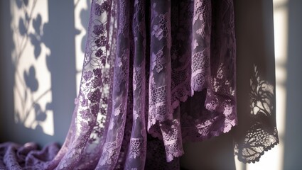 Shadows from the curtain on the wall illuminated by sunlight, showcasing vintage floral patterns and abstract space design