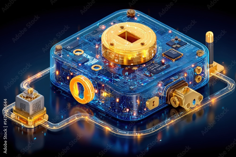 Poster a futuristic digital device with glowing circuits and gold elements representing advanced technology