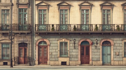 Obraz premium Vintage European building facade with ornate windows and balconies in soft daylight tones