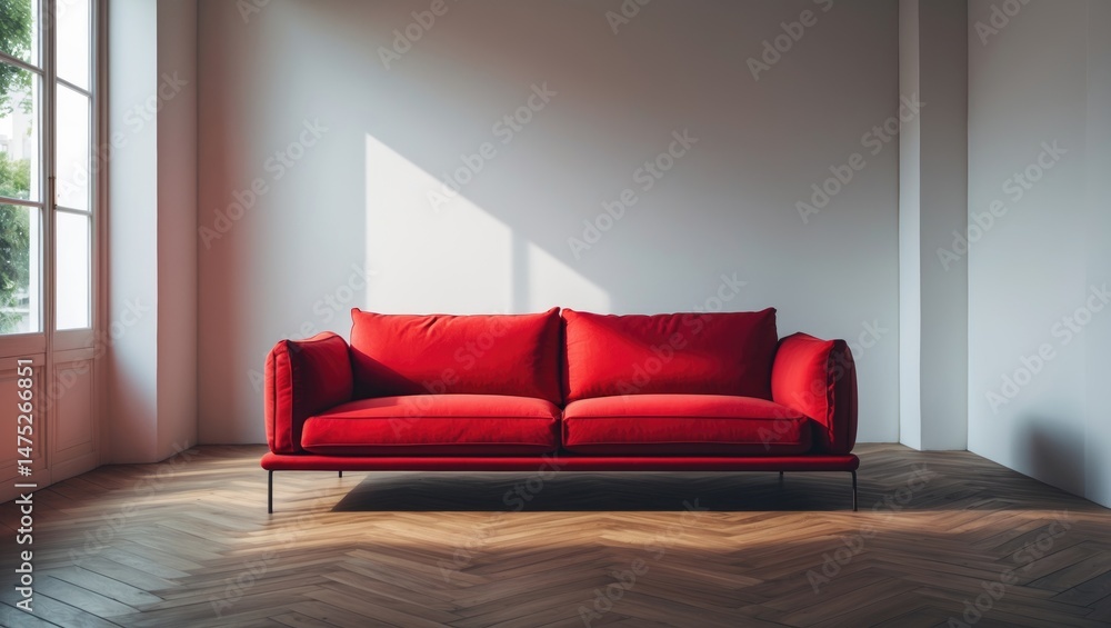 Poster up-to-date home interiors. the sophisticated look of a living space showcasing a red settee. an empt