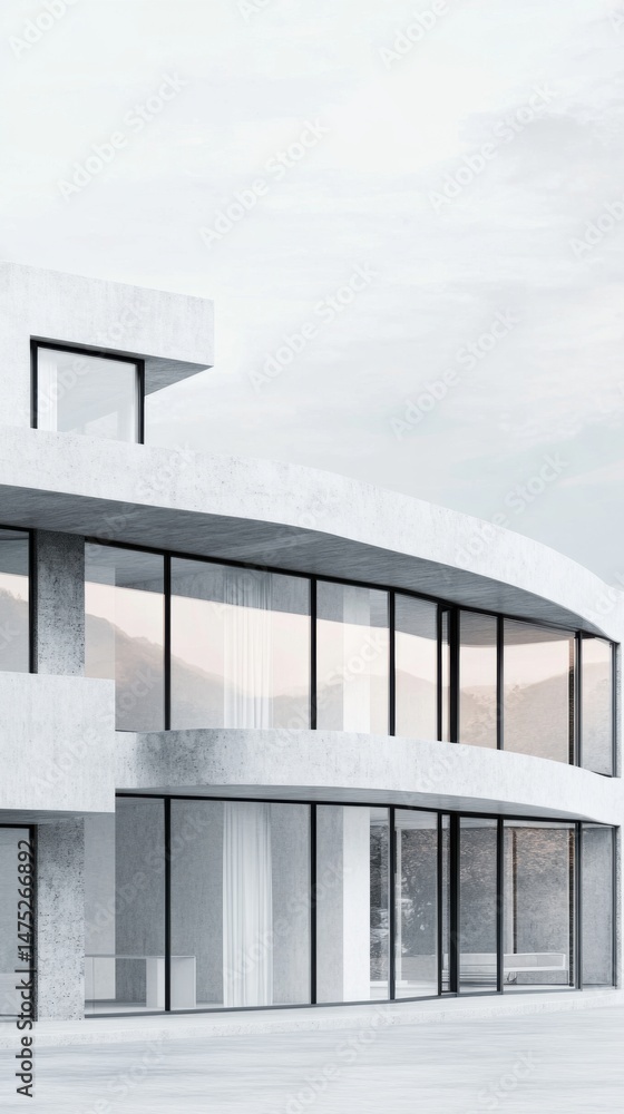 Poster modern minimalist architecture exterior facade view of concrete building with large windows and moun