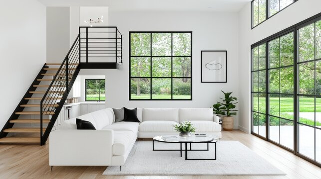 A bright and modern living room with large windows and staircase