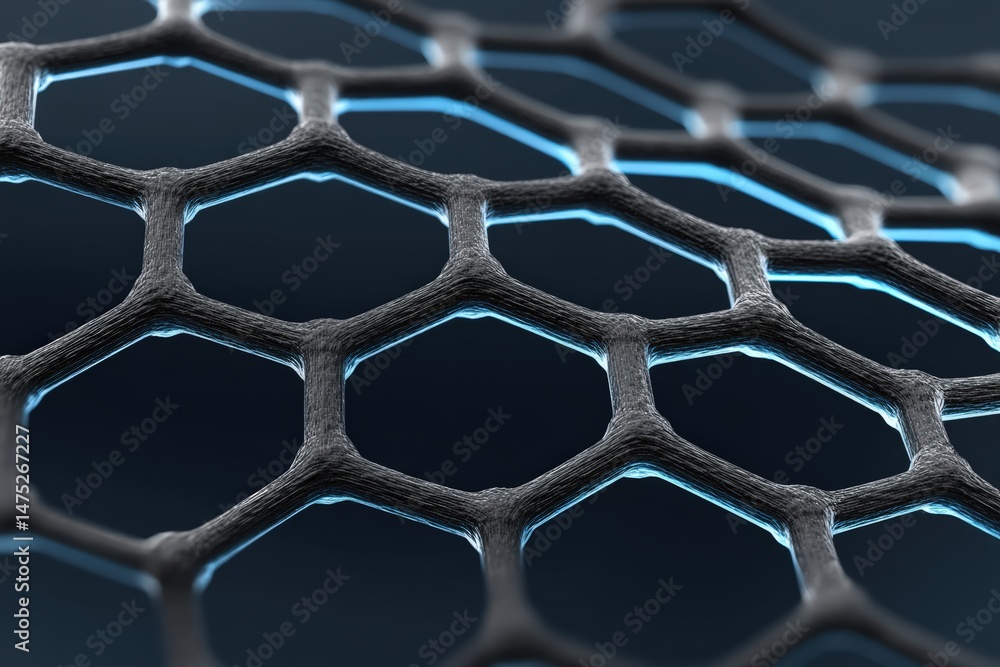 Poster close-up of a hexagonal graphene structure, showcasing its intricate, lattice-like pattern and advan