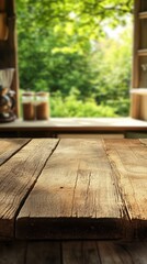 Rustic wooden table in sunlit kitchen interior with blurred garden view background for product placement or food photography
