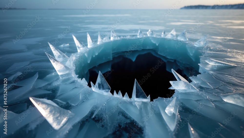 Poster break in fragile ice on a frozen lake, abstract winter landscape photograph