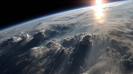 Stunning aerial view of Earth from space showcasing clouds and sunlight breaking through