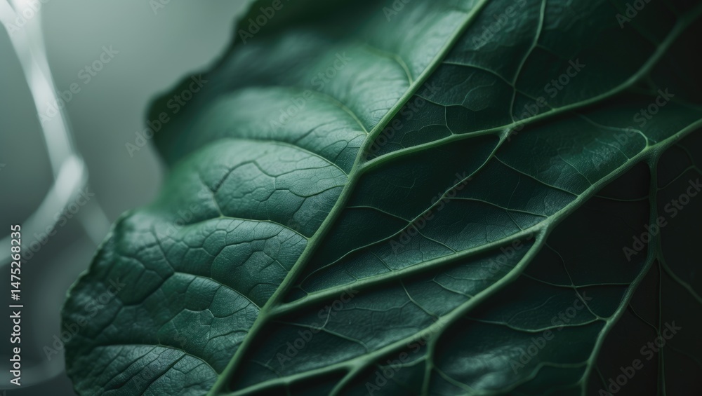 Poster intimate look at the texture of a dark green leaf.