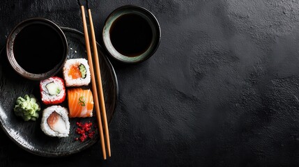 A 4K photo of sushi on a dark background in an asian restaurant, copyspace.