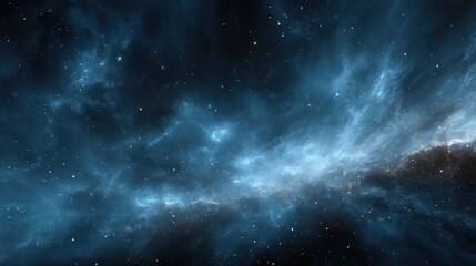 Distant nebula shines with light in the dark space, cosmic dust clouds create a beautiful scene, wide angle view from afar, astronomy concept