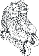 Black and white illustration of a pair of inline roller skates with detailed laces and wheels for fitness and recreation
