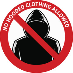 Black silhouette of a hooded figure as a no hooded clothing sign with a red slash, representing restriction, safety, and rules in minimalist vector style