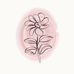 Elegant Line Art Flower on Pink Watercolor Background Botanical Illustration