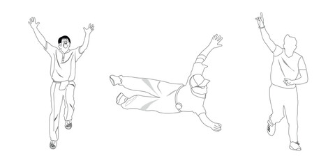 Line Art Vector Illustration of Cricket Players – Celebrating, Catching, and Fielding Action in Minimal Style.