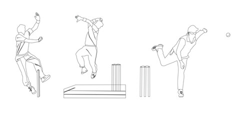 Line Art Vector Set of Cricket Players – Batsman, Bowler, and Fielder in Action with Stumps and Ball on White Background.