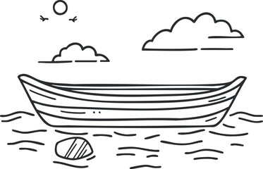 Black and white line drawing of a wooden boat floating on water with clouds, birds, and sun in the sky.