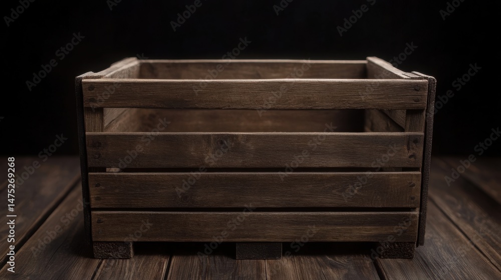 Poster rustic wooden crate on wooden floor in studio setting front view dark background empty storage conta