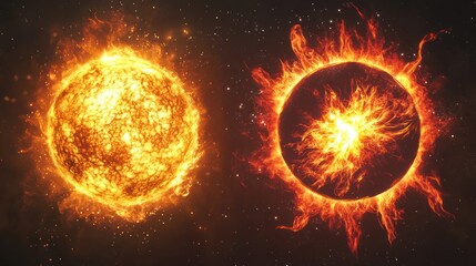 Stunning cosmic illustration of two suns in space, showcasing vibrant solar flares and stellar activity