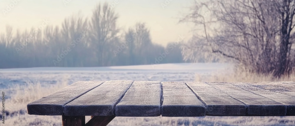Poster frosted wooden table in winter landscape background for product display low angle scenic view of sno
