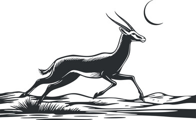 Black and white illustration of a running antelope with curved horns in a desert landscape under a crescent moon.