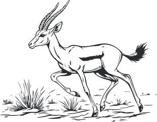 Black and white sketch of an antelope running in a grassland environment with bushes and dry ground.
